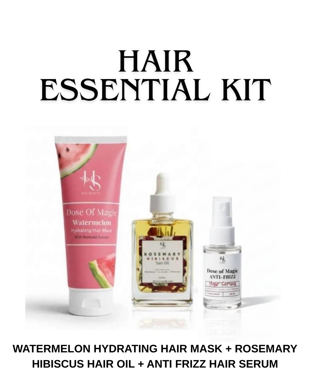 HairSecrets Hair Essential Kit: Rosemary Hibiscus Hair Oil, Watermelon Hair Mask and Anti-Frizz Serum